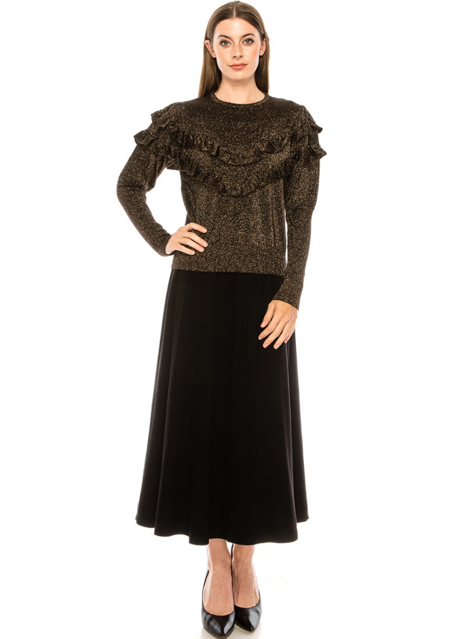 Gold Lurex Sweater With Ruffle Detail Modest Women Clothing Yal New